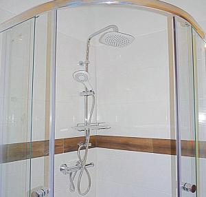 a shower with a glass enclosure in a bathroom at Ferienwohnung "Monte Noble" Südpfalz in Erlenbach +13 photos