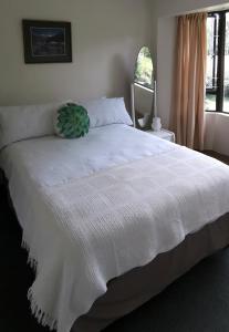 ein großes weißes Bett mit einem grünen Kissen darauf in der Unterkunft Annasrus Mountain Cottage in Champagne Valley