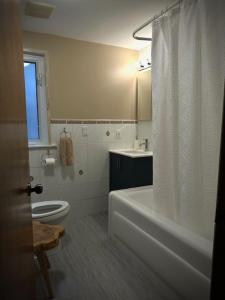a bathroom with a toilet and a shower curtain at Girls Night Out in Toronto