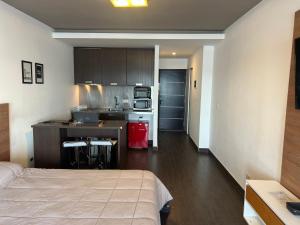 a bedroom with a bed and a kitchen with a counter at Gray Fox Apartments - Marina in Ushuaia