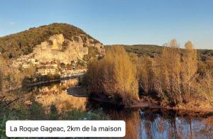 a view of a river with a castle on a hill at Maisonette paisible à La Roque-Gageac in La Roque-Gageac +2 photos