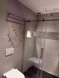 Un baño con ducha y un inodoro. en Sunset bliss, en Katwijk