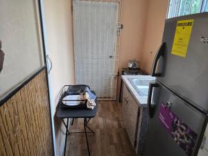 a small kitchen with a sink and a refrigerator at Hidden Gem One Bed Room Studio in Gilnock Hall