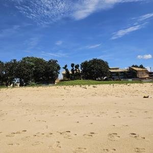 a sandy beach with trees and a building in the background at KITNET Beira Mar Prainha Barra - Rio das Ostra in Barra de São João