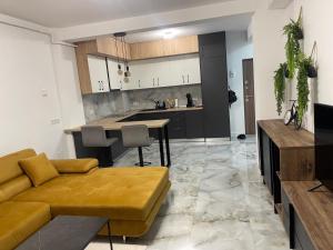a living room with a couch and a kitchen at Apartament Urban Chic in Sebeş