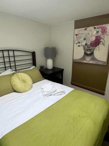 Un dormitorio con una manta verde en una cama en Central Location Cozy and Well-Equipped, Unit #3, en Halifax