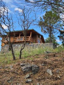 a house on top of a hill with trees at Cabaña La Lechuza in Villa Ciudad de America