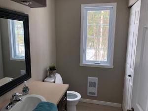 a bathroom with a sink and a toilet and a window at Night Sky Cottage in Saint-Joachim +15 photos