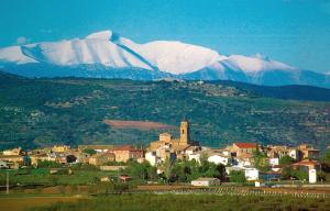 una ciudad con montañas cubiertas de nieve en el fondo en Apartamentos Casa Vidal, en Adahuesca