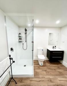 a white bathroom with a shower and a toilet at Opoho Heritage Guest Suite in Dunedin