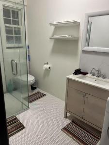 6 beds including 4 double beds and 2 single sofa beds in 1 bedroom and 1 living room apartment في أوكلاند: حمام مع دش ومغسلة ومرحاض