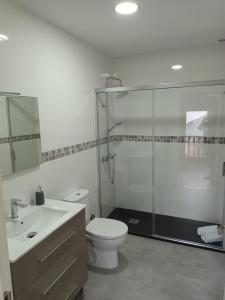 a bathroom with a toilet and a glass shower at Él Rincón de los Sueños A in Vegadecabo +10 photos