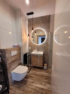 ein Badezimmer mit Toilette, Waschbecken und Spiegel in der Unterkunft Apartament 39 City Park Szczecinek in Szczecinek