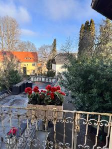 a balcony with a pot of red flowers on it at W.I.P. Welt im Park in Dresden