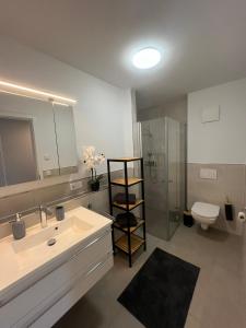 a bathroom with a sink and a shower and a toilet at FeWo Foorden Wohnglück 3 in Hesel +6 photos