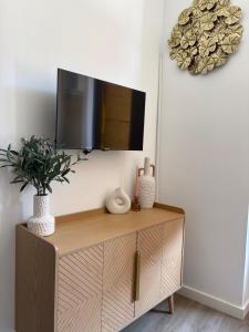 a flat screen tv on top of a wooden cabinet at Appartement Saint-Pierre TOULOUSE hyper centre ville in Toulouse +10 photos