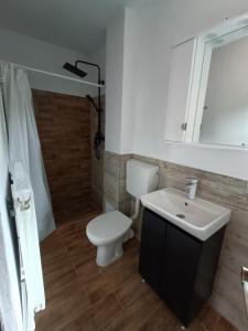 a bathroom with a white toilet and a sink at Casa Piatra Corbului in Gura Teghii +15 photos