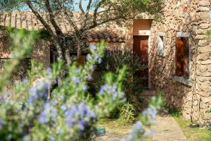 una casa in pietra con fiori viola di fronte di Caletta Nest 11 a Porto Rotondo
