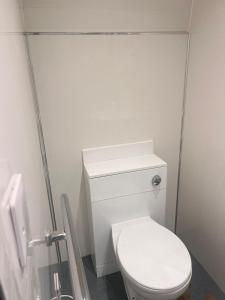 a bathroom with a white toilet in a room at Country Cabin in Hesket Newmarket