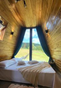 a bed in a room with a window at Cabana Valley Vista in Lacu Rosu