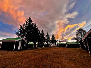 海拉Arhus Cottage and Camping的一片云天,田野里有帐篷和树木