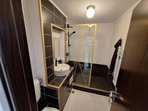 a bathroom with a toilet and a sink and a shower at Biverse Prestige in Petrila +9 photos