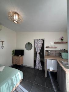 Un dormitorio con una cama y una cocina con fregadero. en La Bohème, en Arles