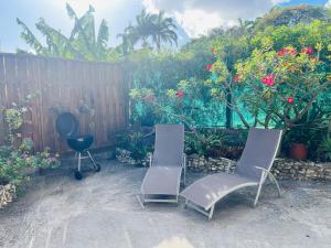 two chairs and a grill in a garden at Maison couleurs des tropiques in Sainte-Anne
