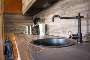 a kitchen sink with a faucet on a counter at Charmantes Ferienhäuschen in Beetz - in 5 Minuten am See und im Wald in Kremmen +26 photos