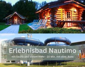 two pictures of a log cabin and a water slide at Lounge94 - Luxus auf 180 m2 in Wilhelmshaven