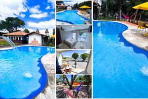 a collage of pictures of a swimming pool at Pousada com vista para lago, com passeios de lancha em frente a Pousada, 5 minutos do Parque Pauá e Mirante dos Canyons e próximo das principais cachoeiras em Capitólio, Pousada Vista do Turvo, Mandala in Capitólio