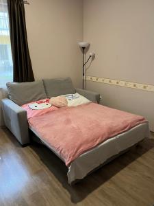 a bed with a pink blanket on it in a room at Solaris Apartman in Zalakaros