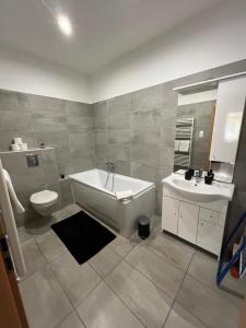 a bathroom with a tub and a toilet and a sink at Solaris Apartman in Zalakaros