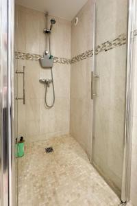 a bathroom with a shower with a glass door at La petite maison in Noyers-sur-Serein +12 photos