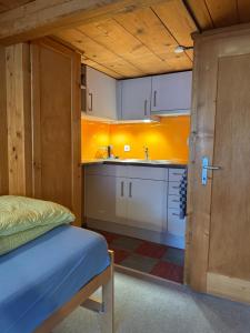 a small kitchen with a bed and a sink at Studio Sternen in Hasliberg