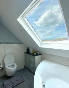 a bathroom with a toilet and a skylight at Ferienwohnung Freiendiez in Diez +36 photos