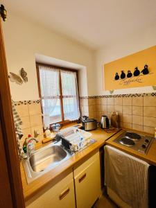 a small kitchen with a sink and a stove at Idyllische Ferienwohnung am Geiersberg in Hauzenberg