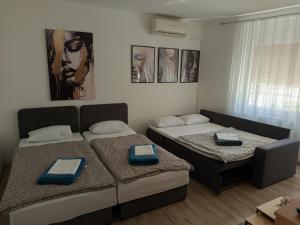 2 camas en una habitación con pinturas en Apartman Vanja, en Rijeka