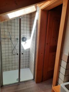 a shower with a glass door in a bathroom at Tabià Su'n Coi in Alleghe +14 photos