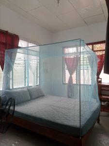 a bed with a canopy in a room with windows at Villa Rosita in Dauin
