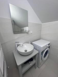 a bathroom with a sink and a washing machine at City Escape in Zalău
