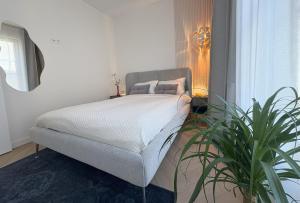 a bedroom with a bed and a potted plant at Baltic Apartment White Diuna Supernovi in Gdynia