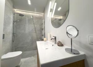 a bathroom with a toilet and a sink and a mirror at Baltic Apartment White Diuna Supernovi in Gdynia