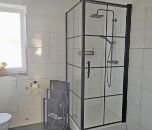 a shower with a glass door in a bathroom at Ferienwohnung Neubauer in Bremerhaven +8 photos