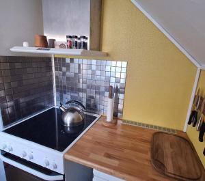 a small kitchen with a stove and a sink at Isikkivik Cottage in Narsaq