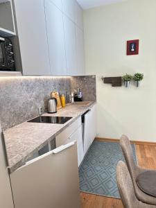 a kitchen with a sink and a counter top at Apartamentai Vetrungiu g 3 in Nida