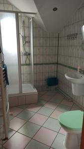a bathroom with a shower and a toilet and a sink at Hotelik Komandor in Władysławowo