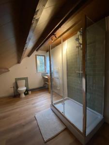 a bathroom with a glass shower and a toilet at Les Galets 1&2 in Auchonvillers +20 photos