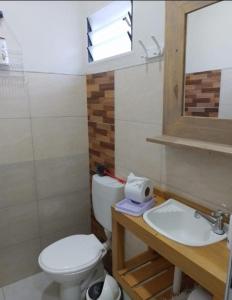 a bathroom with a toilet and a sink and a mirror at Monoambiente temporario HB in Roque Sáenz Peña