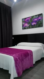 Un dormitorio con una cama con una manta morada. en Hostal Buenos Aires, en Madrid